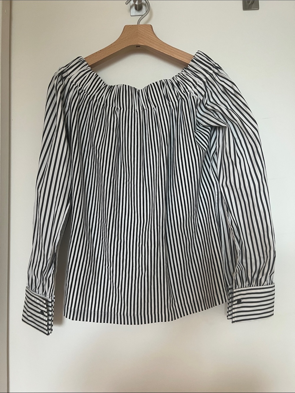MaxMara Black & White Striped Off-Shoulder Blouse